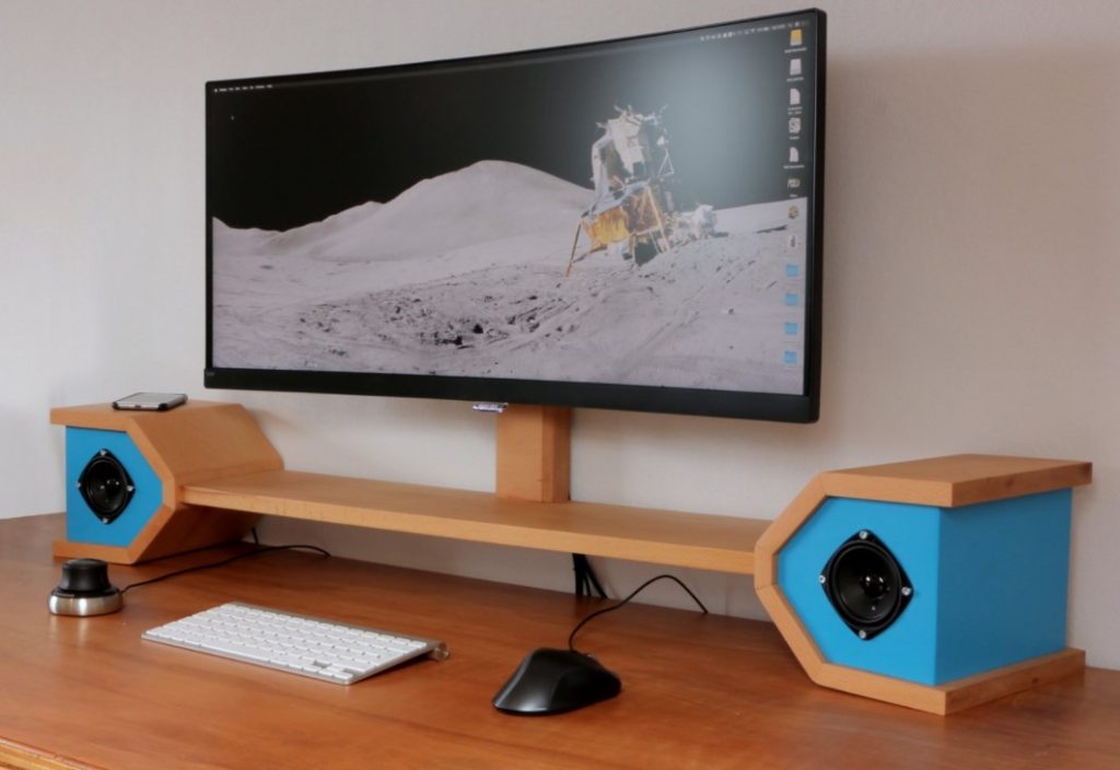 21 DIY Monitor Stand Ideas to Revamp Your Workspace – DIY Monitor Stand with A Wireless Charger and Speakers DIY Monitor Stand with A Wireless Charger and Speakers