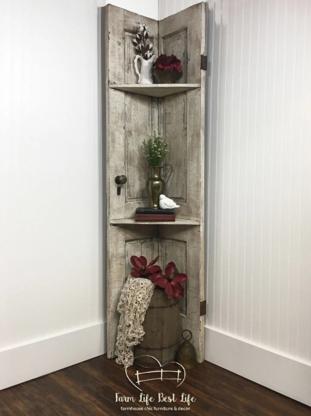 40 DIY Corner Shelves Ideas to Fix Your Awkward Corner – DIY Corner Shelves from Old Door DIY Corner Shelves from Old Door