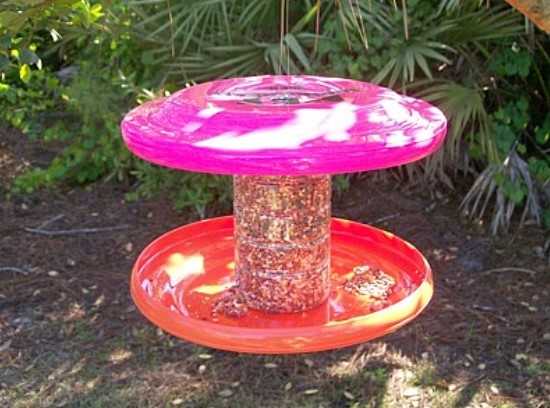 Bird feeder made from mainly recycled materials.