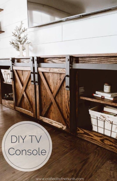 25 DIY TV Stand Ideas That Will Transform Your Living Room – DIY Farmhouse TV Console with Sliding Barn Doors DIY Farmhouse TV Console with Sliding Barn Doors