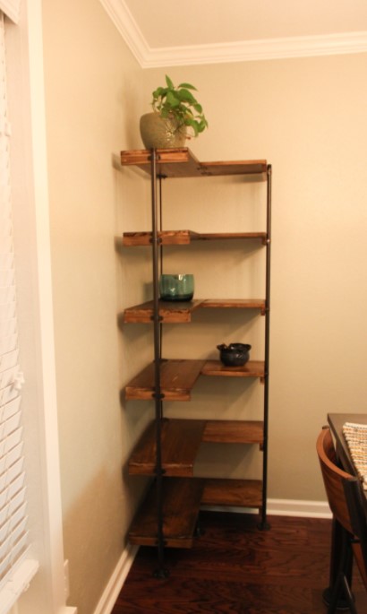 A RUSTIC INDUSTRIAL FREE STANDING CORNER SHELF SET