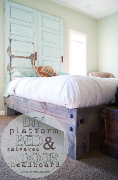 DIY Platform Bed Salvaged Door Headboard