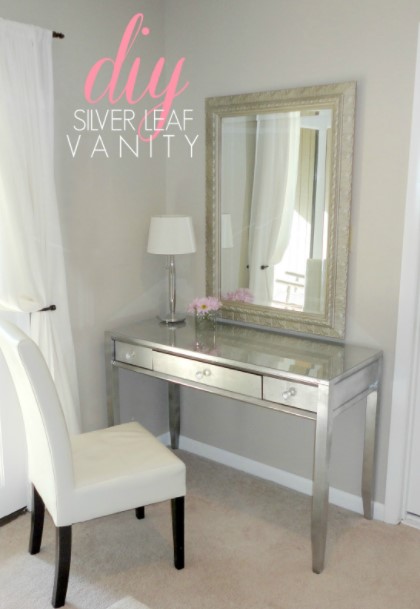 25 DIY Vanity Table Ideas for Your Personal Beauty Space – DIY Thrift Store Desk Makeover Using Silver Leaf DIY Thrift Store Desk Makeover Using Silver Leaf