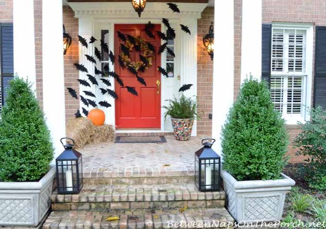 Halloween Front Porch with Bats Across the Door