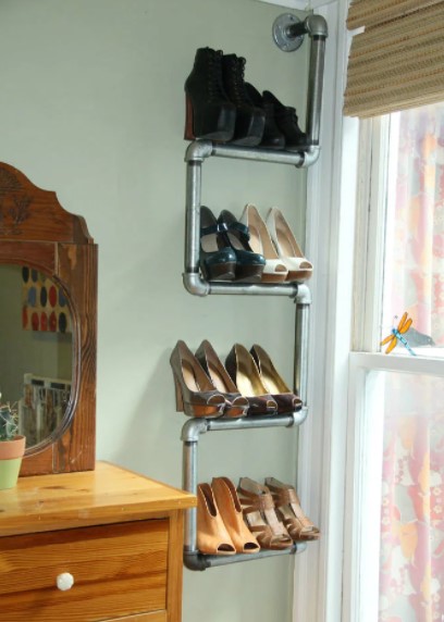 40 DIY Corner Shelves Ideas to Fix Your Awkward Corner – Industrial Pipe Bookshelf and Shoe Rack Industrial Pipe Bookshelf and Shoe Rack